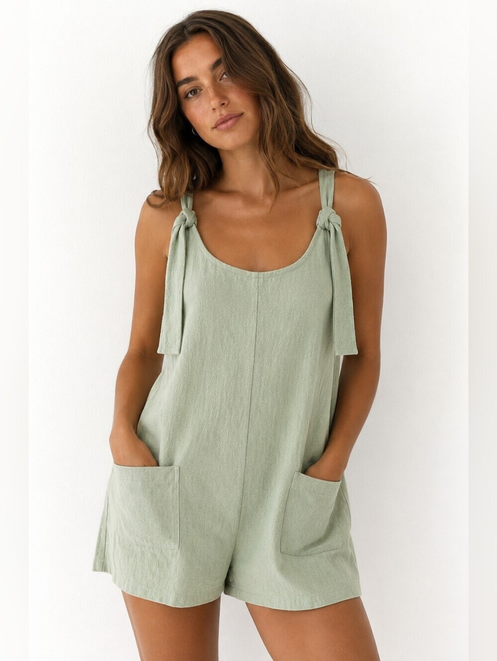 Womens Sage Green Textured Romper Adjustable Straps Loose Fit Size Large